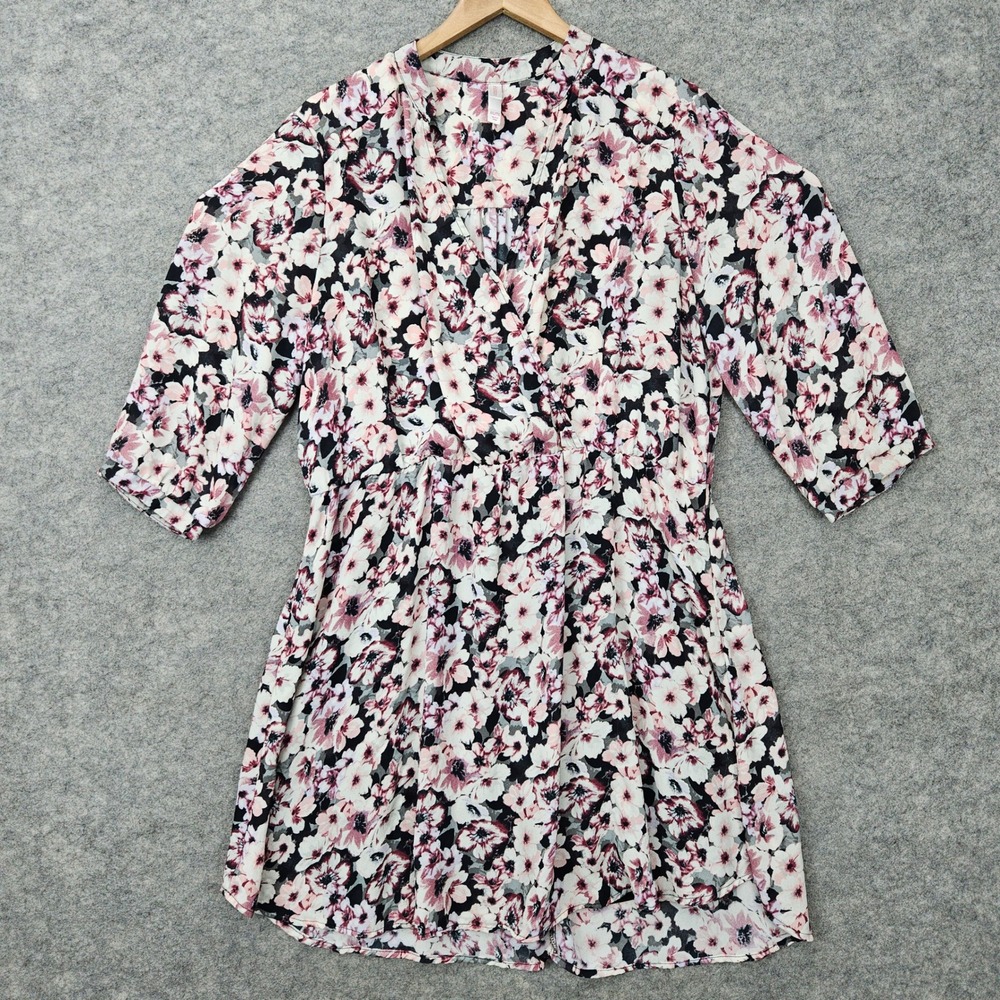 Xhilaration Faux Wrap Dress Women's Pink Black XXL Floral V-Neck 3/4 Sleeve